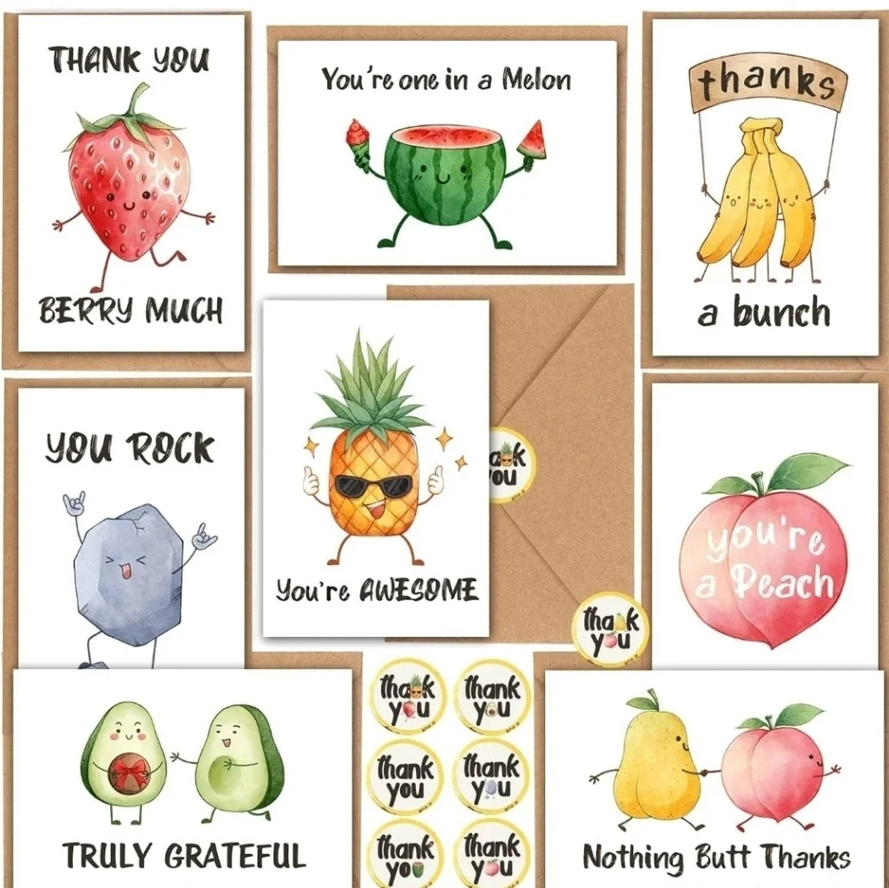 ▪️8 piece Funny Thank You Cards wtih Envelopes + 8 thank you stickers  ✨️